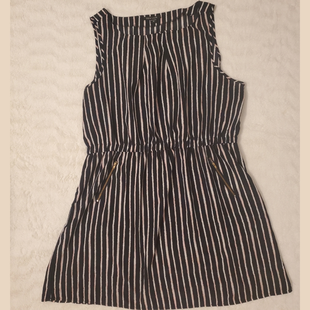 Blue white and pink vertical striped dress